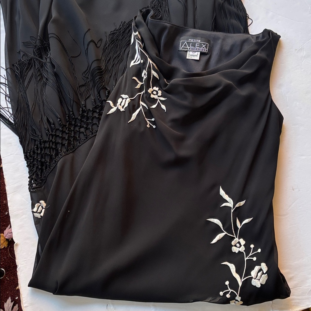 Vintage y2k Maxi Dress Long Dress Black Sue Wong Fringe Cowneck Embroidered - Picture 3 of 17